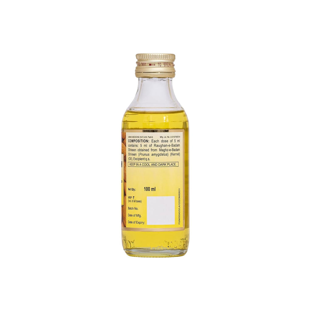 Hamdard Raughan-E-Badam SHIREEN Sweet Almond Oil for Body, Skin & Hair | 100ml | Natural Almond Oil | Helps Enhance Memory | Helps Relieve Constipation | Helps Build Stronger Muscles | Pack of 1