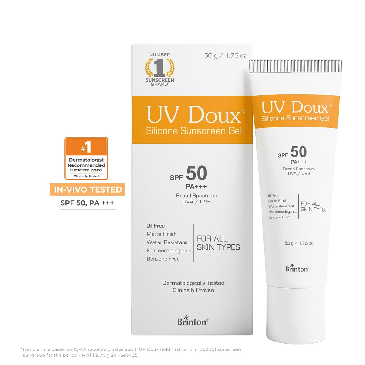 UV Doux Silicone Sunscreen Gel SPF 50 PA+++|India’s No.1 Dermatologist Recommended Brand|Invitro,In-Vivo Tested|UVA/UVB Protection, Benzene Free|No White Cast |Oily & Acne-Prone Skin |50 g