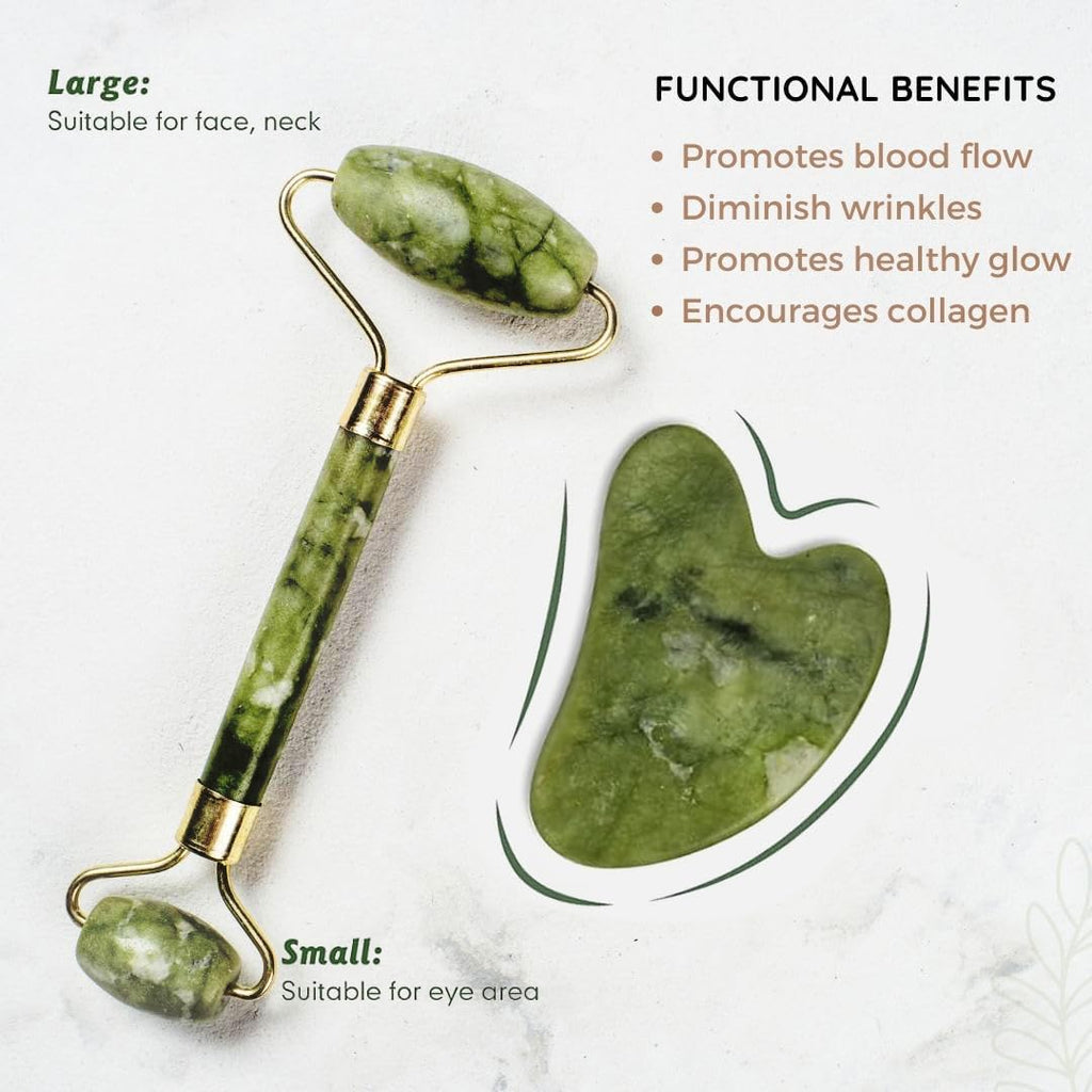 Jade Roller & Gua Sha Set Face Roller Anti-Aging Facial Roller Natural Green Jade Beauty Massager Tool Skin Care Tool for Face Neck Eye to Reduce Wrinkles & Relax Gift Items Body Muscles