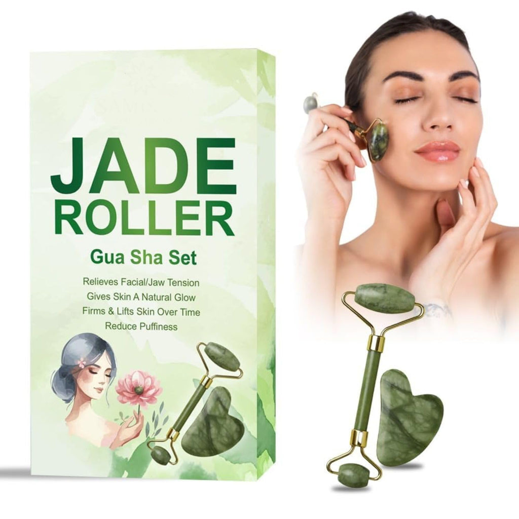Jade Roller & Gua Sha Set Face Roller Anti-Aging Facial Roller Natural Green Jade Beauty Massager Tool Skin Care Tool for Face Neck Eye to Reduce Wrinkles & Relax Gift Items Body Muscles