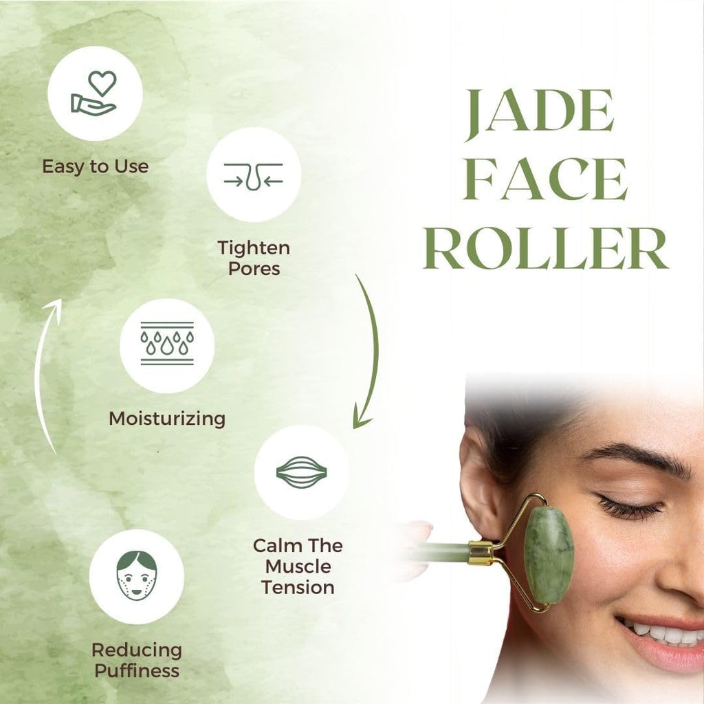 Jade Roller & Gua Sha Set Face Roller Anti-Aging Facial Roller Natural Green Jade Beauty Massager Tool Skin Care Tool for Face Neck Eye to Reduce Wrinkles & Relax Gift Items Body Muscles