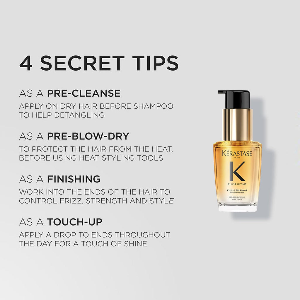Kérastase Elixir Ultime Hair Oil-In-Serum 30ml | 2X Shinier Hair | 96H Anti-Frizz Action | Infused with French Camellia, Marula & Wild Camellia Oils | Travel Size