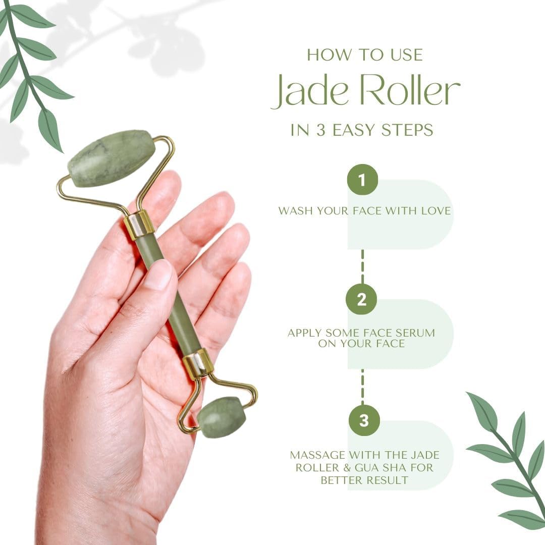 Jade Roller & Gua Sha Set Face Roller Anti-Aging Facial Roller Natural Green Jade Beauty Massager Tool Skin Care Tool for Face Neck Eye to Reduce Wrinkles & Relax Gift Items Body Muscles