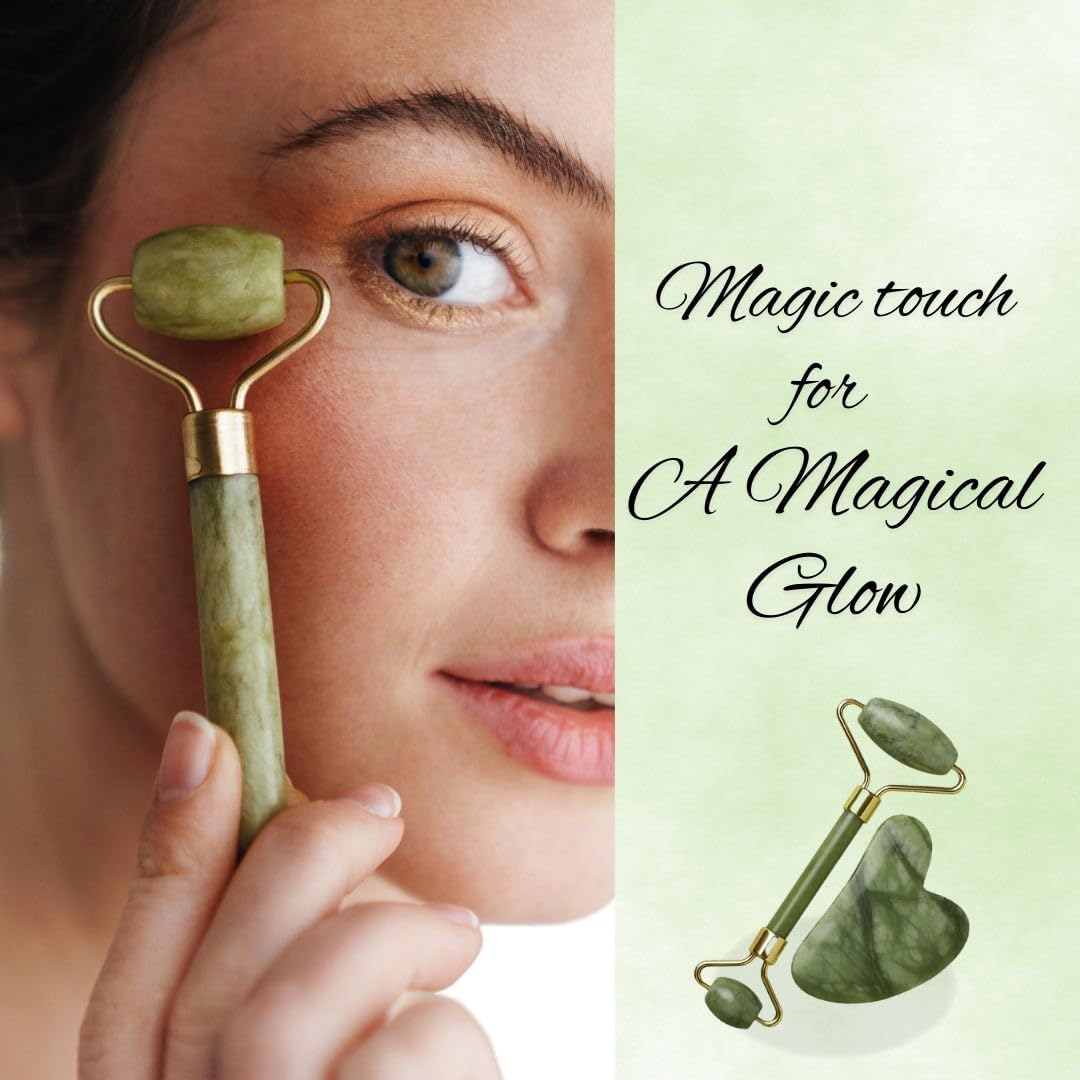Jade Roller & Gua Sha Set Face Roller Anti-Aging Facial Roller Natural Green Jade Beauty Massager Tool Skin Care Tool for Face Neck Eye to Reduce Wrinkles & Relax Gift Items Body Muscles