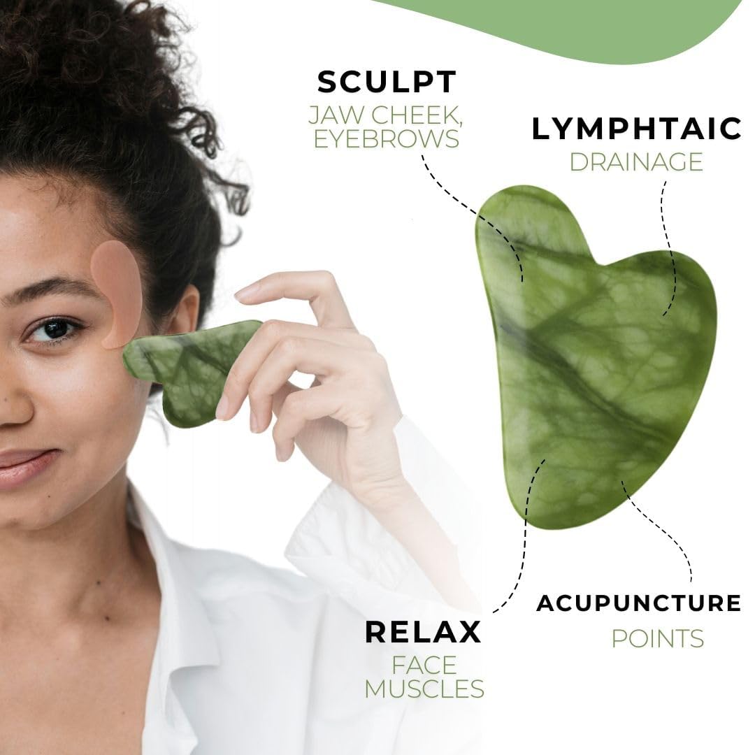 Jade Roller & Gua Sha Set Face Roller Anti-Aging Facial Roller Natural Green Jade Beauty Massager Tool Skin Care Tool for Face Neck Eye to Reduce Wrinkles & Relax Gift Items Body Muscles