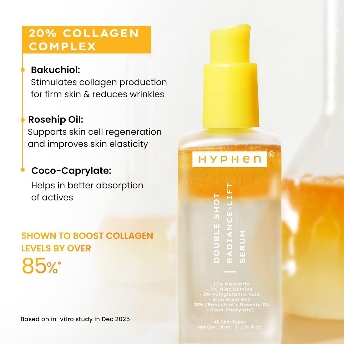 Hyphen 18% Brightening + 20% Collagen Face Serum | Double Shot Serum with 11% Mandarin 5% Niacinamide 2% PGA & Bakuchiol | Summer Skincare | Brightening, Hydrating & Collagen Boost for Dry Skin - 50ml