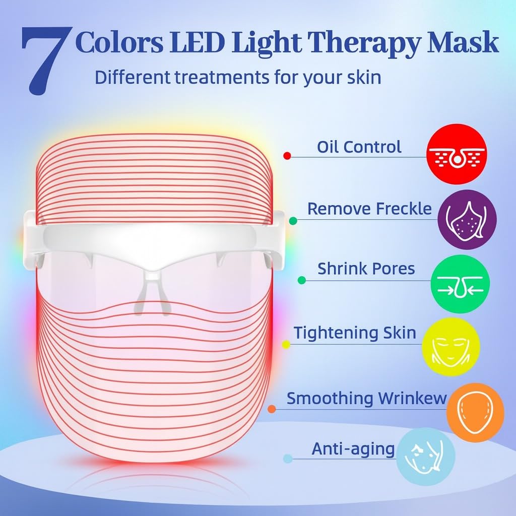 7 Color LED Light Therapy Face Mask for Skin Care – Rechargeable LED Facial Mask for Anti-Aging, Wrinkles, and Skin Rejuvenation – Beauty Device for Home Spa