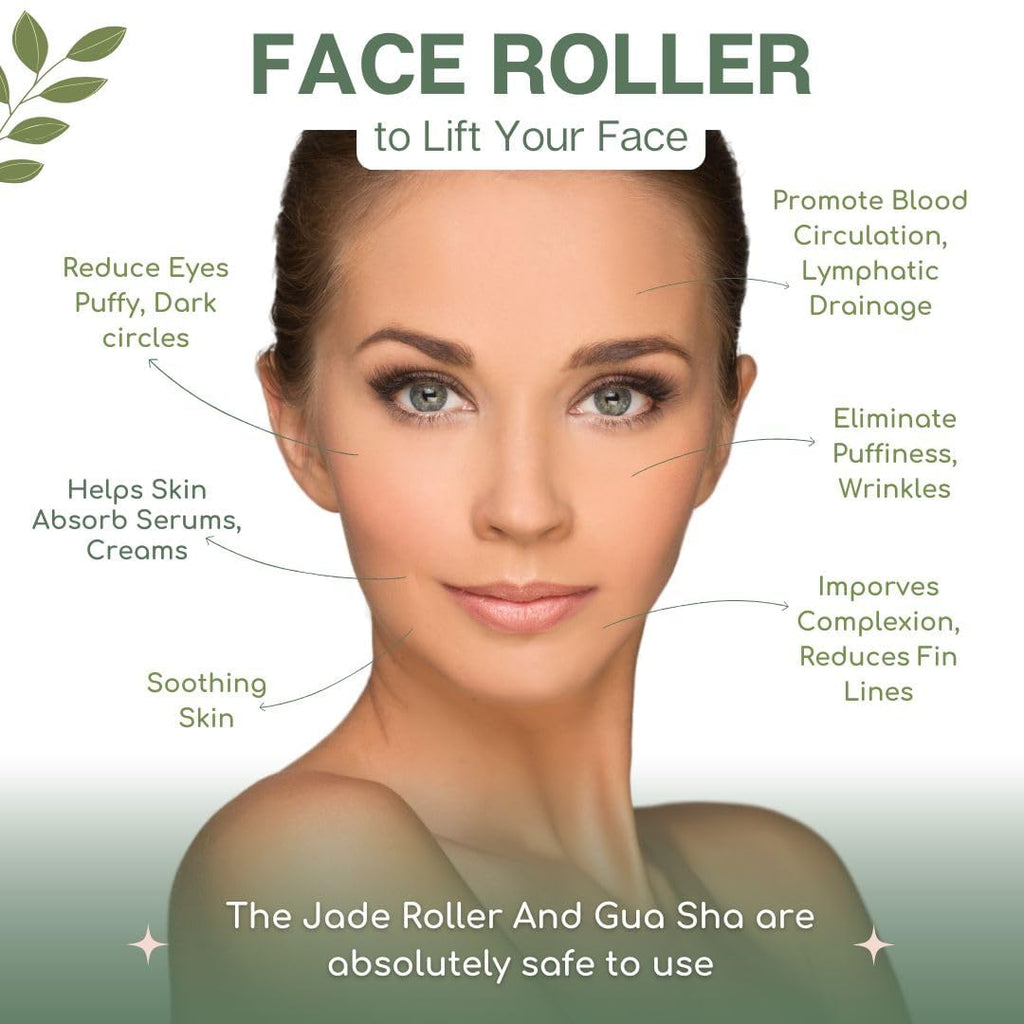 Jade Roller & Gua Sha Set Face Roller Anti-Aging Facial Roller Natural Green Jade Beauty Massager Tool Skin Care Tool for Face Neck Eye to Reduce Wrinkles & Relax Gift Items Body Muscles