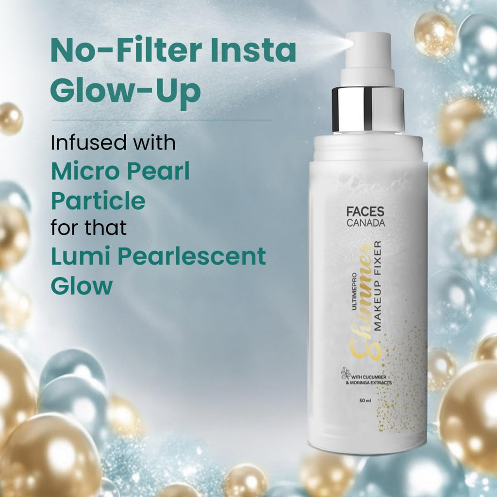 FACES CANADA Ultime Pro Shimmer Makeup Fixer, 50ml | Long Lasting Makeup Setting Spray | Keeps Makeup Intact | Glamourous Shimmer Finish | Hydrates, Soothes & Refreshes Skin | Alcohol Free
