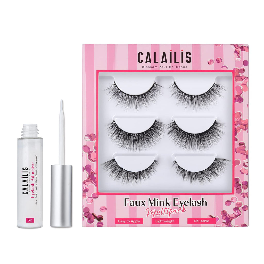 CALAILIS False Eyelash, Eye Makeup Lash 3D Faux Mink Fake Eyelash Long Natural Eyelashes 3 Pairs with 5g False Eyelash Glue (CS12)