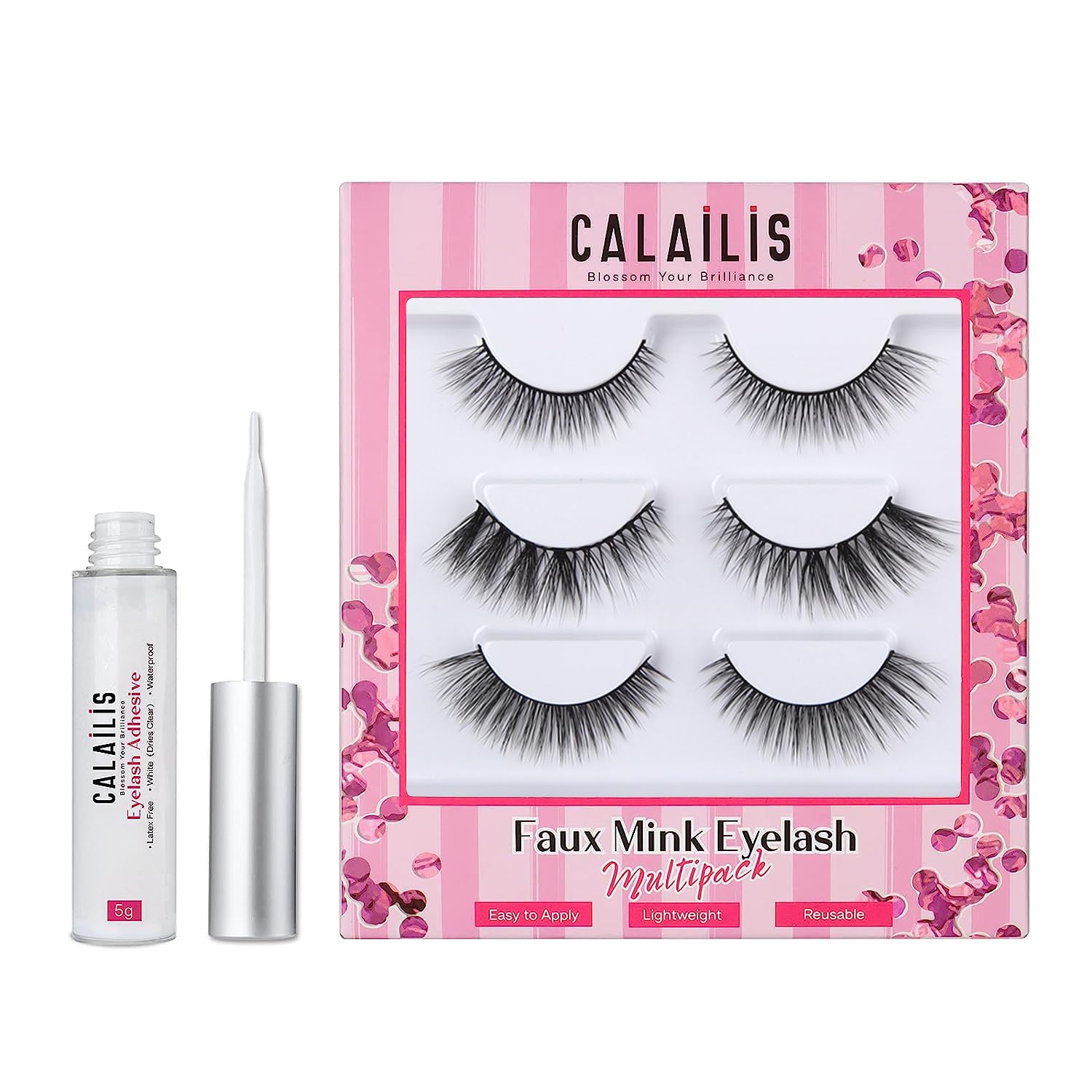 CALAILIS False Eyelash, Eye Makeup Lash 3D Faux Mink Fake Eyelash Long Natural Eyelashes 3 Pairs with 5g False Eyelash Glue (CS12)
