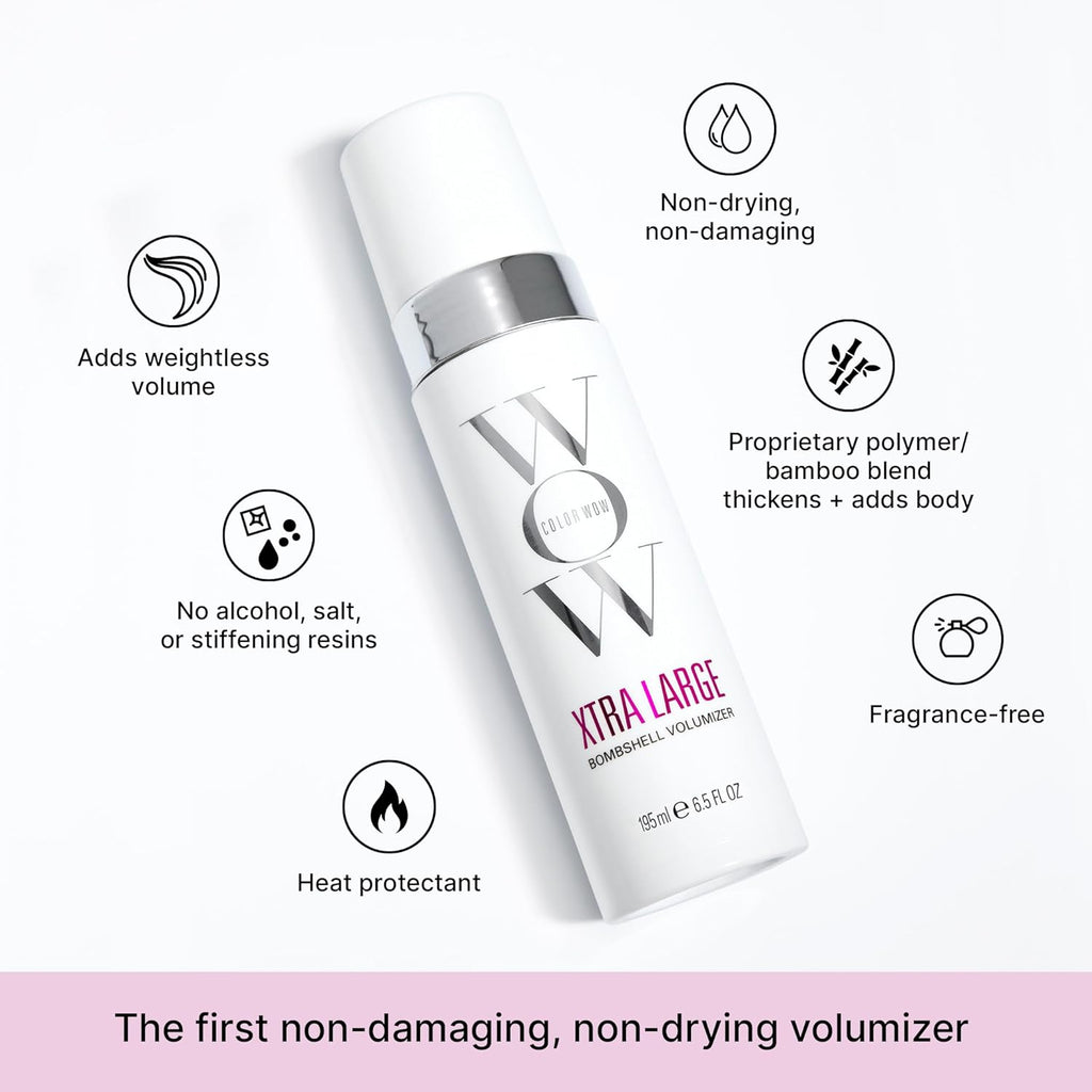 Color Wow Xtra Large Bombshell Volumizer – alcohol-free volumizing technology; weightless, non-drying, non-dulling; instantly thickens fine, flat hair; last for days"