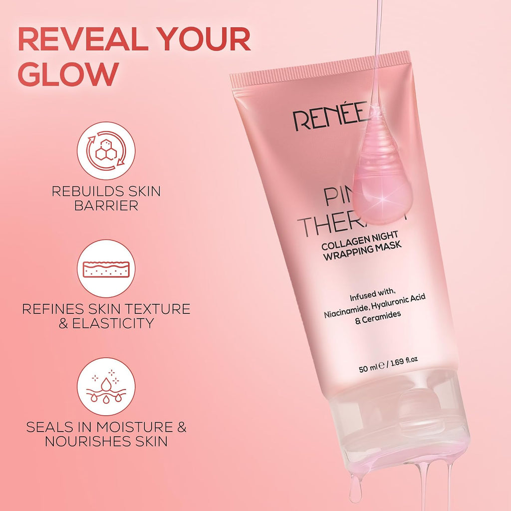 RENEE Pink Therapy Collagen Night Wrapping Face Mask | For Young, Hydrated Skin | Texture & Elasticity | Improves Skin Barrier | Hyaluronic Acid & Niacinamide Infused | 50 ml