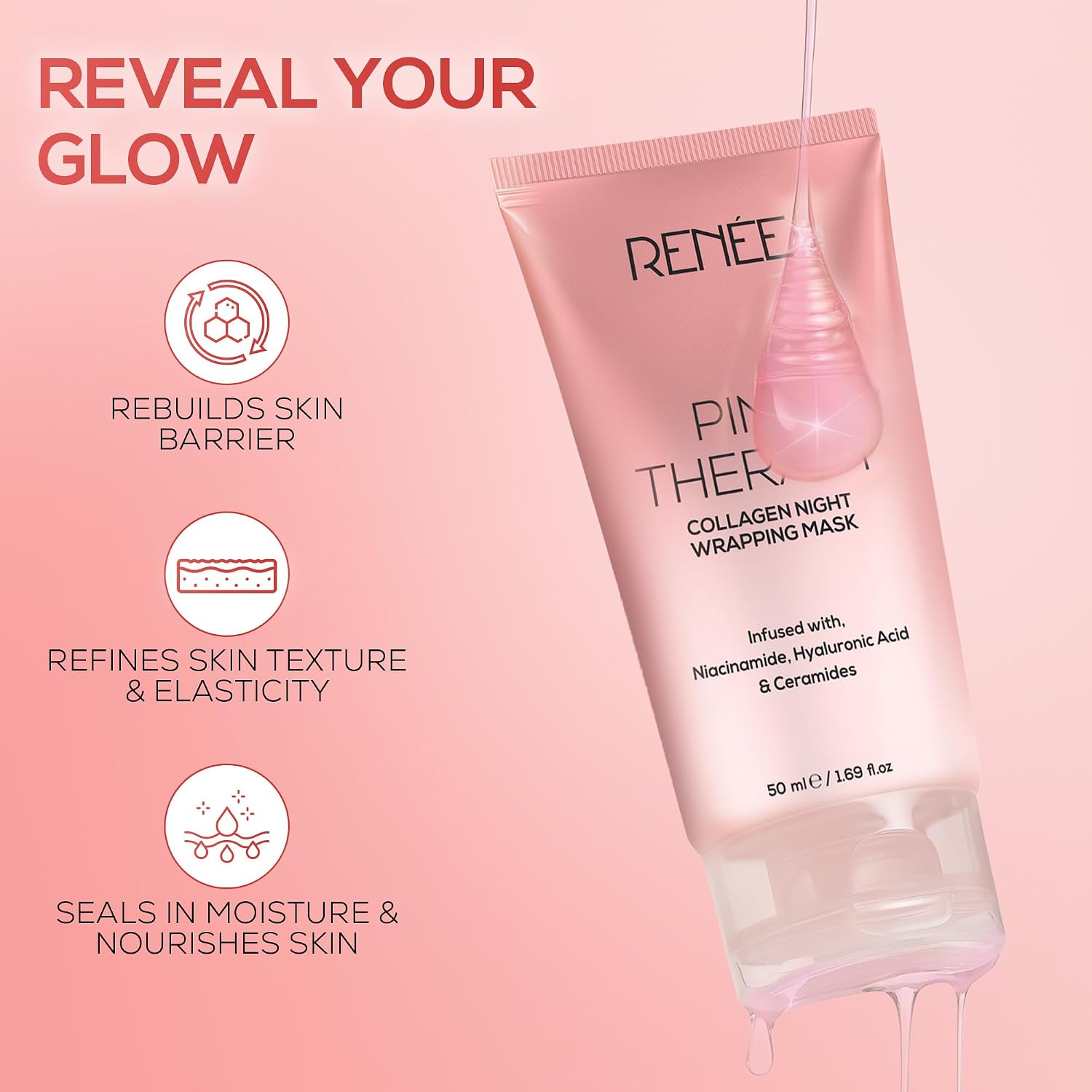 RENEE Pink Therapy Collagen Night Wrapping Face Mask | For Young, Hydrated Skin | Texture & Elasticity | Improves Skin Barrier | Hyaluronic Acid & Niacinamide Infused | 50 ml