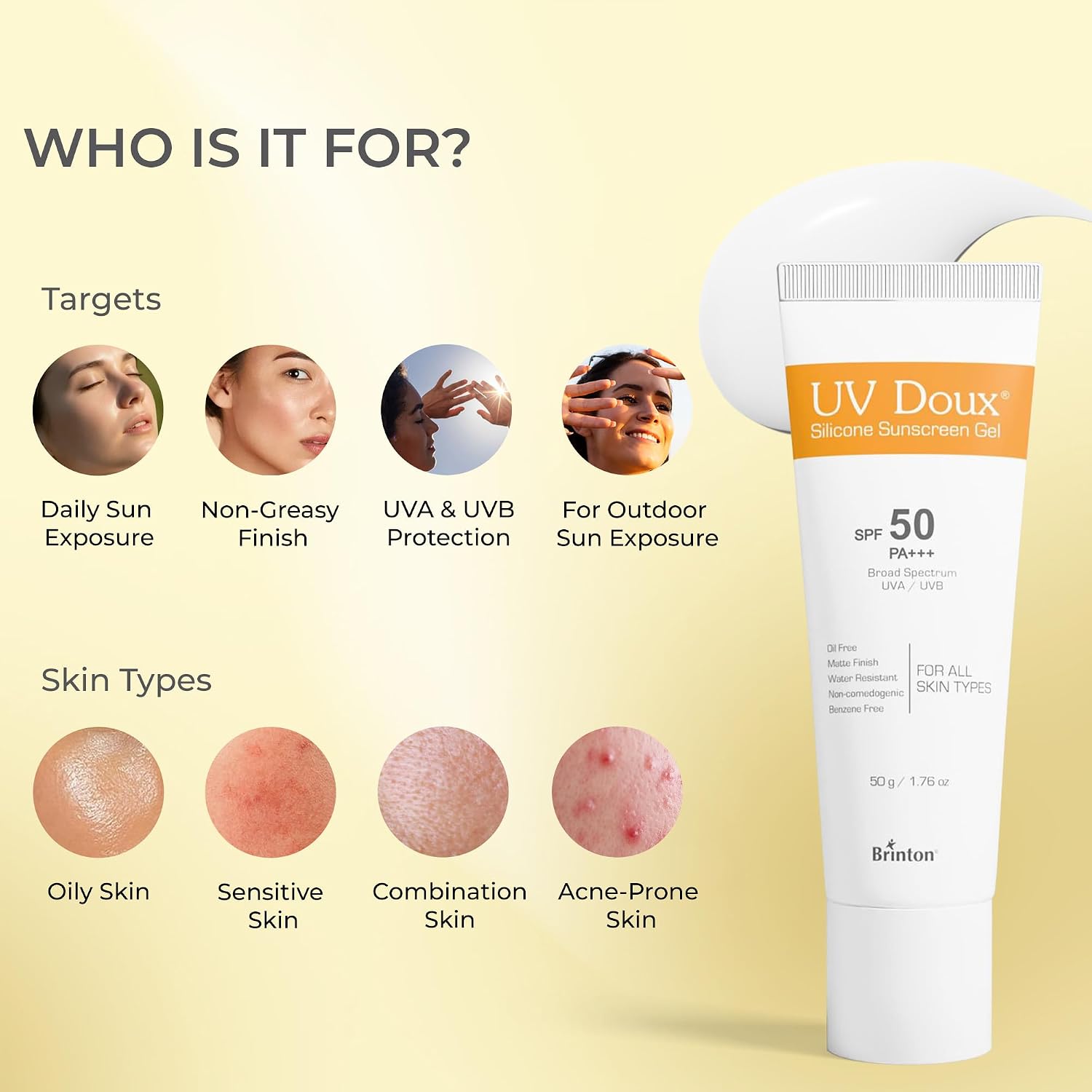 UV Doux Silicone Sunscreen Gel SPF 50 PA+++|India’s No.1 Dermatologist Recommended Brand|Invitro,In-Vivo Tested|UVA/UVB Protection, Benzene Free|No White Cast |Oily & Acne-Prone Skin |50 g