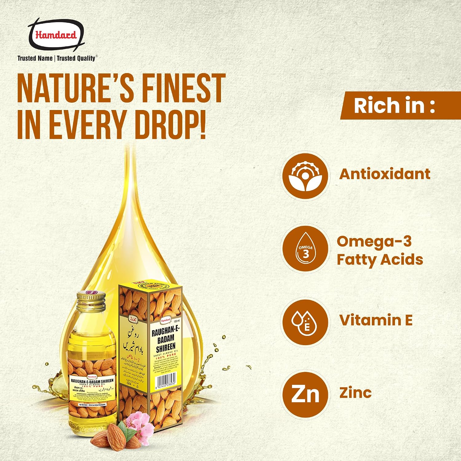 Hamdard Raughan-E-Badam SHIREEN Sweet Almond Oil for Body, Skin & Hair | 100ml | Natural Almond Oil | Helps Enhance Memory | Helps Relieve Constipation | Helps Build Stronger Muscles | Pack of 1