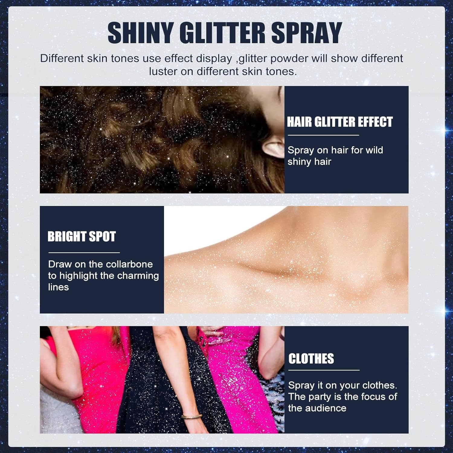 SNDYI Professional Glitter Hair Spray, Glitter Spray For Body, Hair And Cloth, Long Lasting Shiny Unlimited Charm, Waterproof, Holographic, Nightclub Starry Glitter for Clothing,Club, Prom,Party 100ML, (Silver)