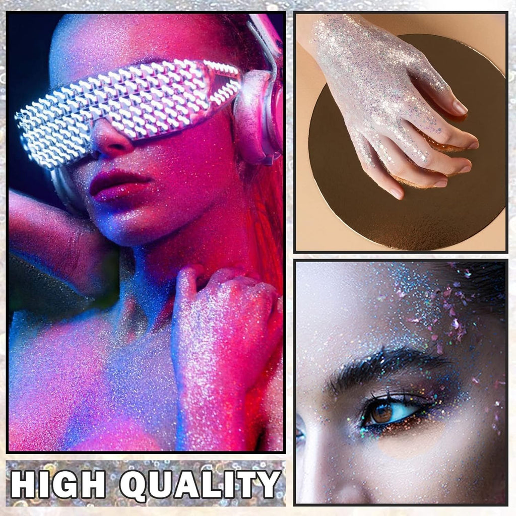 SNDYI Professional Glitter Hair Spray, Glitter Spray For Body, Hair And Cloth, Long Lasting Shiny Unlimited Charm, Waterproof, Holographic, Nightclub Starry Glitter for Clothing,Club, Prom,Party 100ML, (Silver)