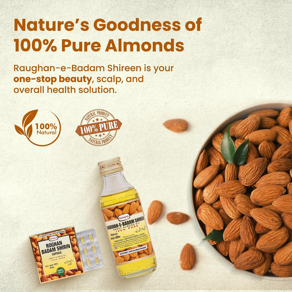Hamdard Raughan-E-Badam SHIREEN Sweet Almond Oil for Body, Skin & Hair | 100ml | Natural Almond Oil | Helps Enhance Memory | Helps Relieve Constipation | Helps Build Stronger Muscles | Pack of 1